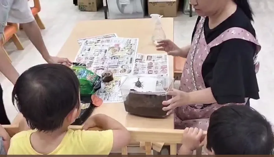 机を囲んで保育士と一緒に生き物をやさしく観察する子どもたち